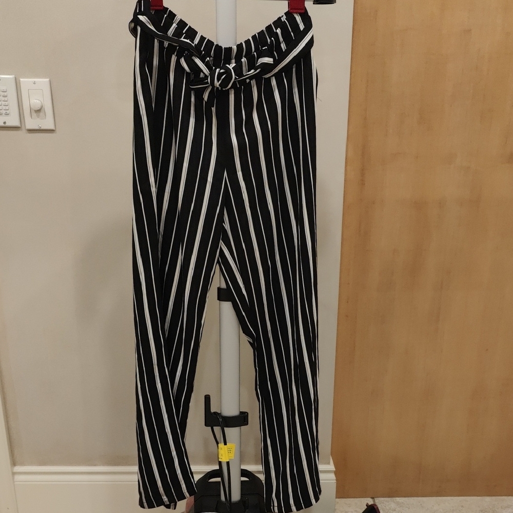 CHARLIE B Black and White Straight Leg Pants with Sophisticated Stripes